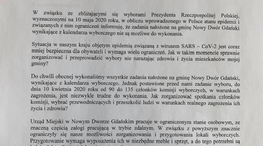 Stanowisko burmistrza Nowego Dworu Gdańskiego w sprawie organizacji wyborów prezydenckich (2)