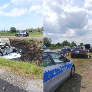 Kolizja czterech pojazdów na S7 pod Kmiecinem. Jeden samochód stanął w ogniu
