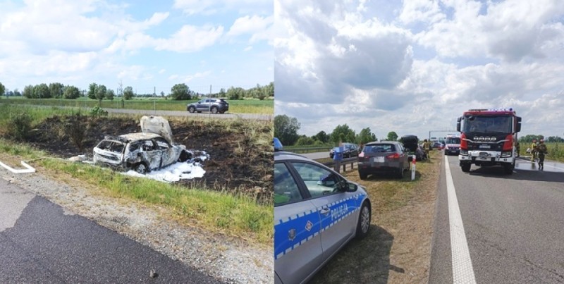 Kolizja czterech pojazdów na S7 pod Kmiecinem. Jeden samochód stanął w ogniu
