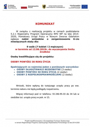 Powiat Nowodworski. Nabór wniosków o zorganizowanie 6- mc staży dla 9 osób 7 kobiet i 2 mężczyzn