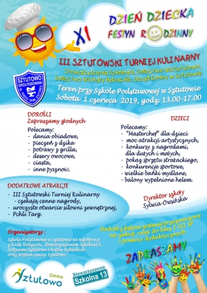 Zaproszenie na XI Festyn Rodzinny i Dzień Dziecka do szkoły w Sztutowie - 1.06.2019