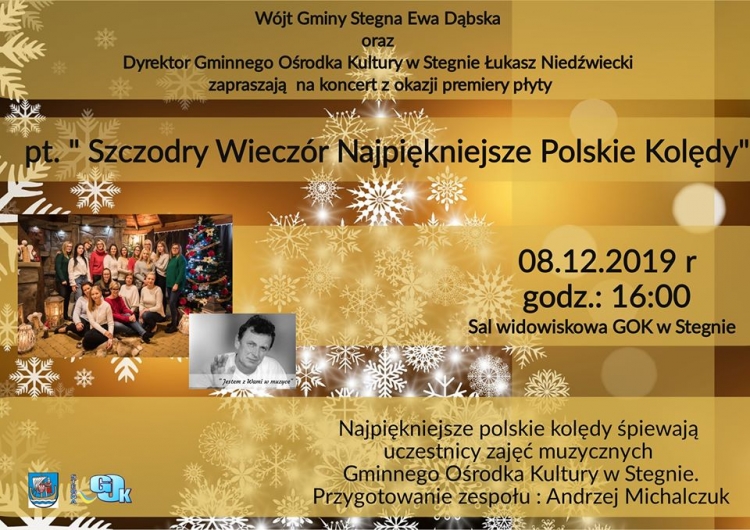 Stegna. Zaproszenie na koncert ”Szczodry Wieczór Najpiękniejsze Polskie Kolędy”